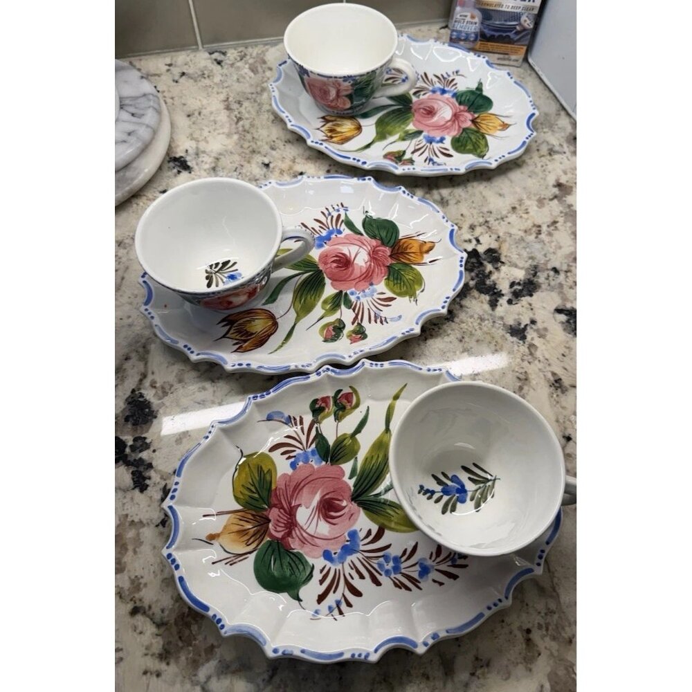 3 Luncheon Snack Plate Cup Set Majolica Nova Rose ITALY Handpainted Ceramic Read